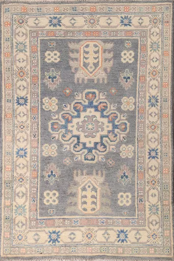 Geometric Gray Kazak Handmade Rug 3x4