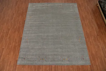 Chic Gabbeh Area Rug 9x12 in Gray with Discreet Patterned Corners