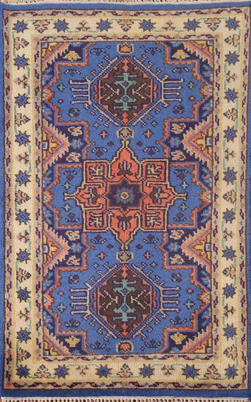 Blue Geometric Kazak Oriental Rug 3x5