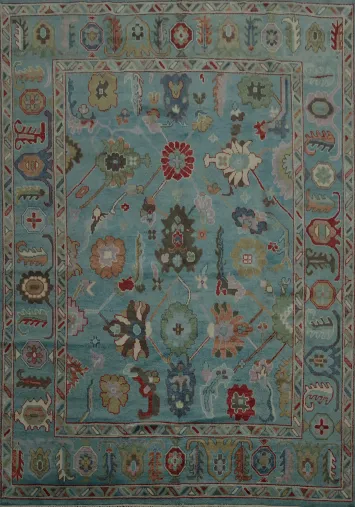 Handcrafted Blue Oushak Area Rug 8x10 with Rich Floral Designs