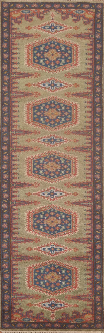 Green Geometric Kazak Oriental Runner Rug 3x10