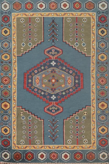 Blue Geometric Kazak Oriental Rug 4x6