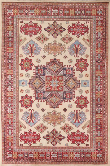 Ivory Geometric Kazak Living Room Rug 7x10