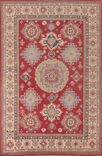 Red Geometric Kazak Oriental Area Rug 6x10