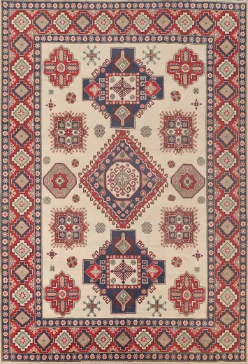 Ivory Geometric Kazak Oriental Area Rug 8x12