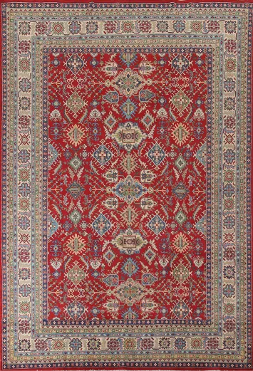 Red Geometric Kazak Oriental Area Rug 10x13