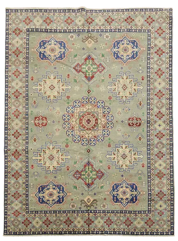Elegant Traditional Grey Kazak Wool Rug with Intricate Patterns 9x12