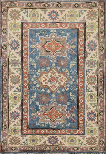 Blue Geometric Kazak Oriental Accent Rug 3x4
