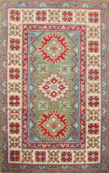 Green Geometric Kazak Oriental Accent Rug 3x4