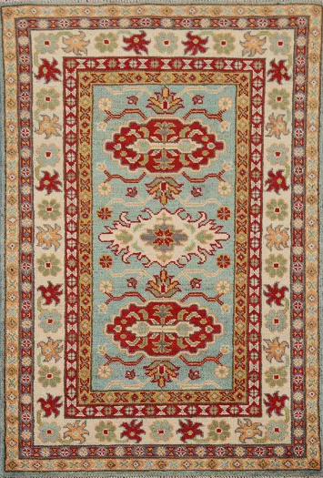 Turquoise Wool Kazak Oriental Accent Rug 2x3