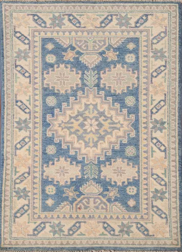 Blue Geometric Kazak Oriental Rug 3x4