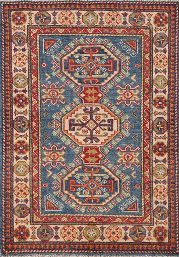 Handmade Blue Kazak Oriental Accent Rug 3x4