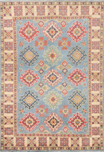 Light Blue Geometric Kazak Oriental Rug 4x6