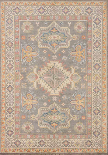 Gray Wool Geometric Kazak Oriental Rug 4x6