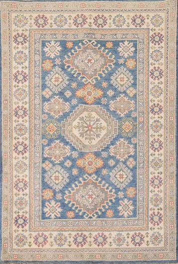 Blue Geometric Kazak Oriental Rug 4x6
