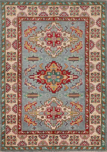 Light Blue Geometric Kazak Oriental Rug 4x6