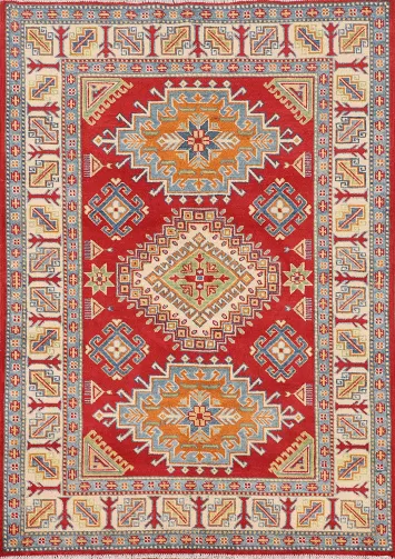 Red Geometric Kazak Oriental Rug 4x6