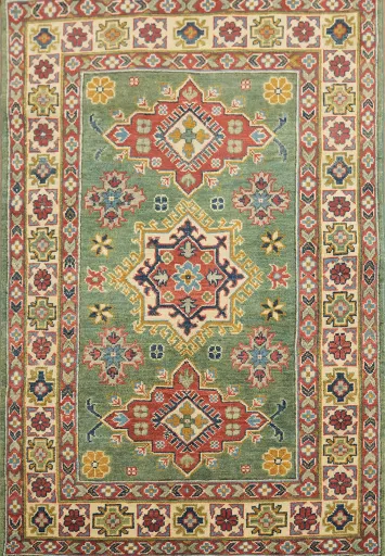 Exquisite Geometric Kazak Pakistani Rug in Vibrant Green and Red Contrast 3x5 ft