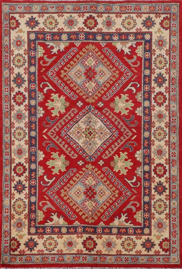 Red Geometric Wool Kazak Oriental Rug 3x5