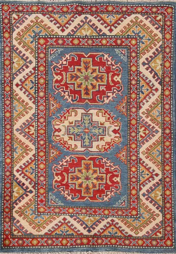 Blue Geometric Kazak Oriental Accent Rug 3x5