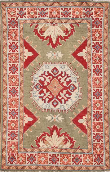 Geometric Green Kazak Oriental Rug 3x5