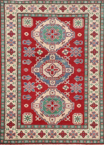 Red Wool Geometric Kazak Oriental Rug 4x6