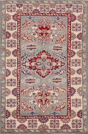 Gray Geometric Kazak Oriental Rug 4x6