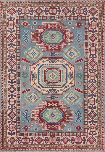 Light Blue Geometric Kazak Oriental Rug 4x6