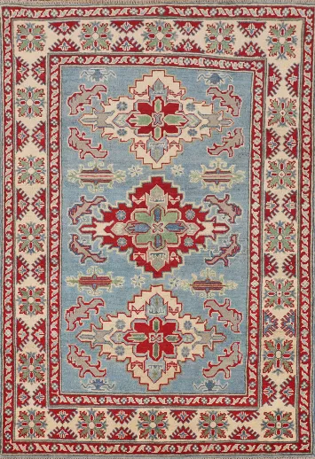 Light Blue Geometric Kazak Oriental Rug 4x6