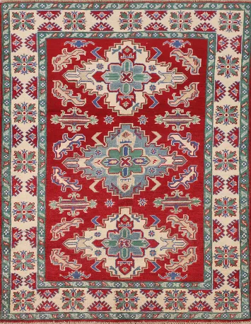 Geometric Red Wool Kazak Oriental Rug 4x6