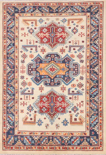 Ivory Wool Geometric Kazak Oriental Rug 4x6