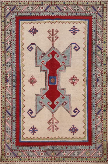 Ivory Geometric Kazak Oriental Rug 4x6