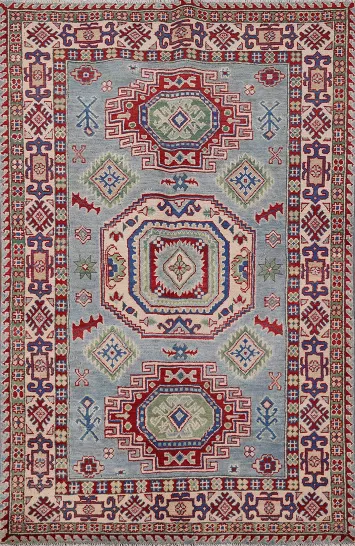Light Blue Geometric Kazak Oriental Rug 4x6