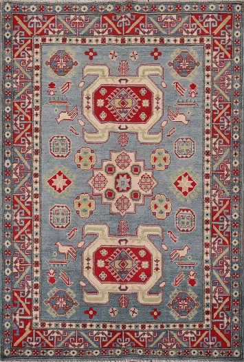 Geometric Blue Kazak Oriental Rug 4x6