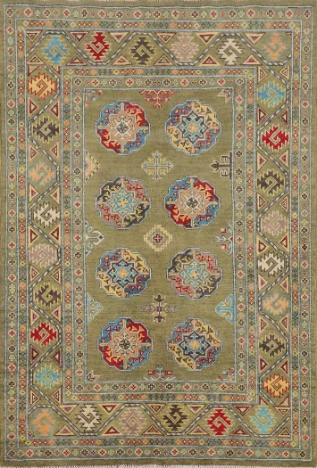Green Wool Geometric Kazak Oriental Rug 4x6