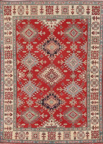 Geometric Red Wool Kazak Oriental Rug 5x7