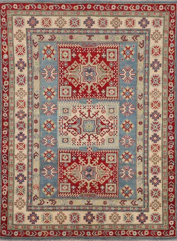 Blue Geometric Kazak Oriental Accent Rug 5x7