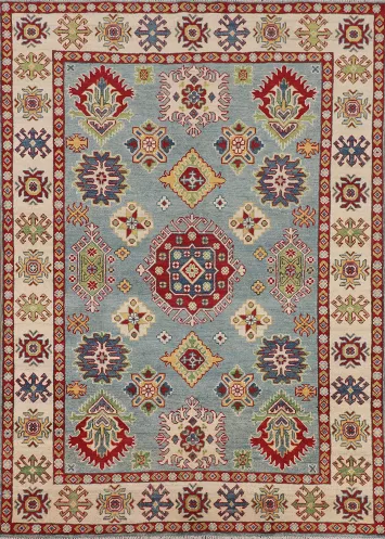 Light Blue Geometric Kazak Oriental Rug 5x7