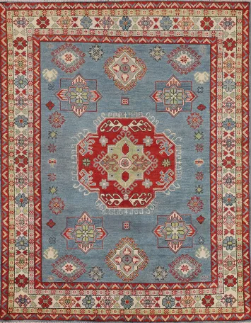 Blue Geometric Kazak Oriental Rug 5x6