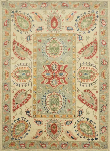 Paisley Pattern Green and Red Kazak Pakistani Rug with Traditional Motifs and Colors 6x8