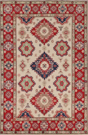Ivory Wool Kazak Oriental Area Rug 7x10