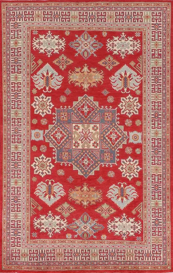 Red Geometric Kazak Oriental Area Rug 6x10