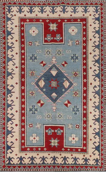 Light Blue Geometric Kazak Oriental Area Rug 6x10