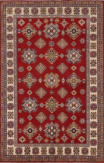 Red Geometric Kazak Oriental Area Rug 7x10