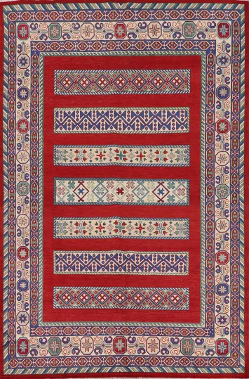 Red Geometric Kazak Oriental Area Rug 7x10