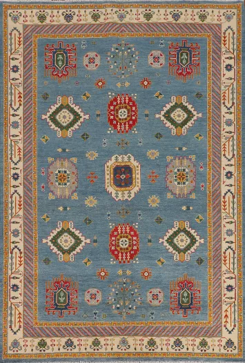 Blue Geometric Kazak Oriental Area Rug 7x10