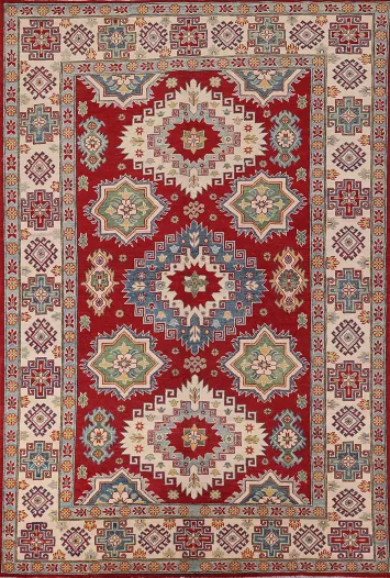 Red Geometric Kazak Oriental Area Rug 7x10