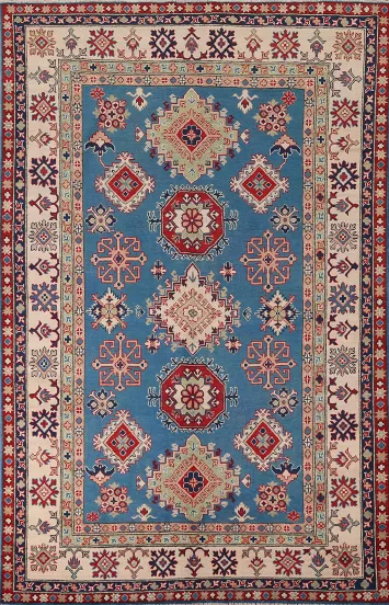 Blue Geometric Kazak Oriental Area Rug 7x10