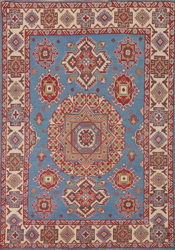 Blue Geometric Kazak Oriental Accent Rug 5x7