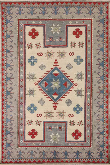 Handmade Ivory Kazak Oriental Area Rug 7x10